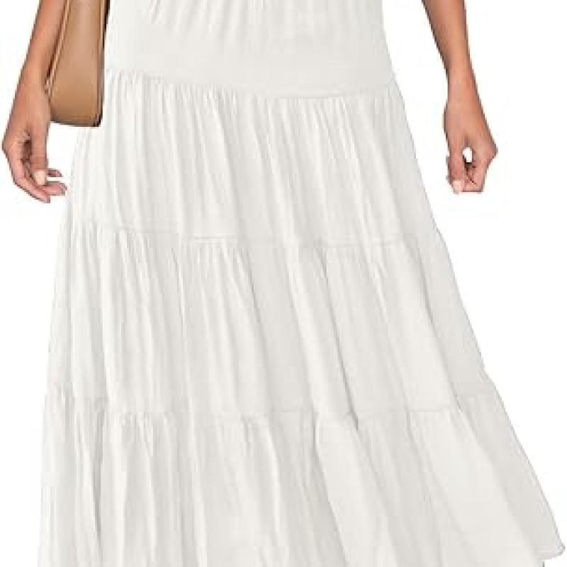 Women's Summer Flowy Boho Maxi Skirt Trendy Drawstring Elastic High Waist Pleated Tiered A Line Beach Long Skirts