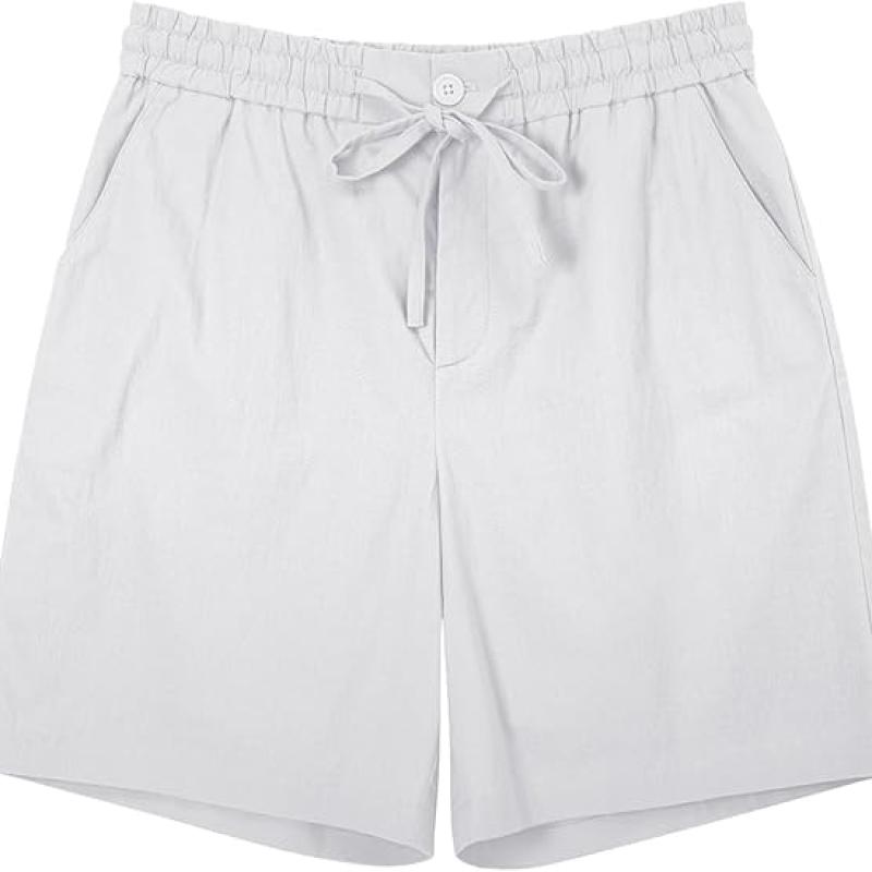 Mens Cotton Linen Shorts Casual Drawstring 7inch Inseam Shorts Stretch Summer Beach Wear