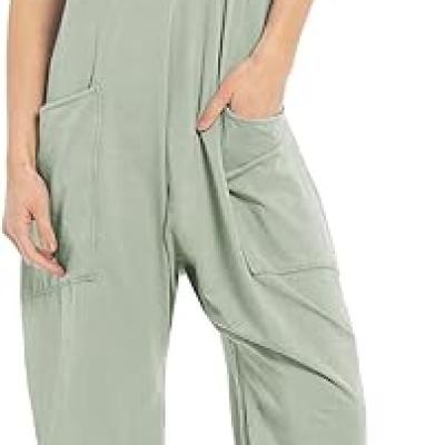 Womens Casual Sleeveless Jumpsuits Spaghetti Strap Loose Romper Long Pants with Pockets