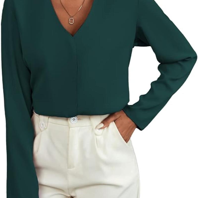 Women's Long Sleeve Shirts V Neck Business Casual Plain Work Blouses Tops