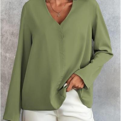 Women's Long Sleeve Shirts V Neck Business Casual Plain Work Blouses Tops
