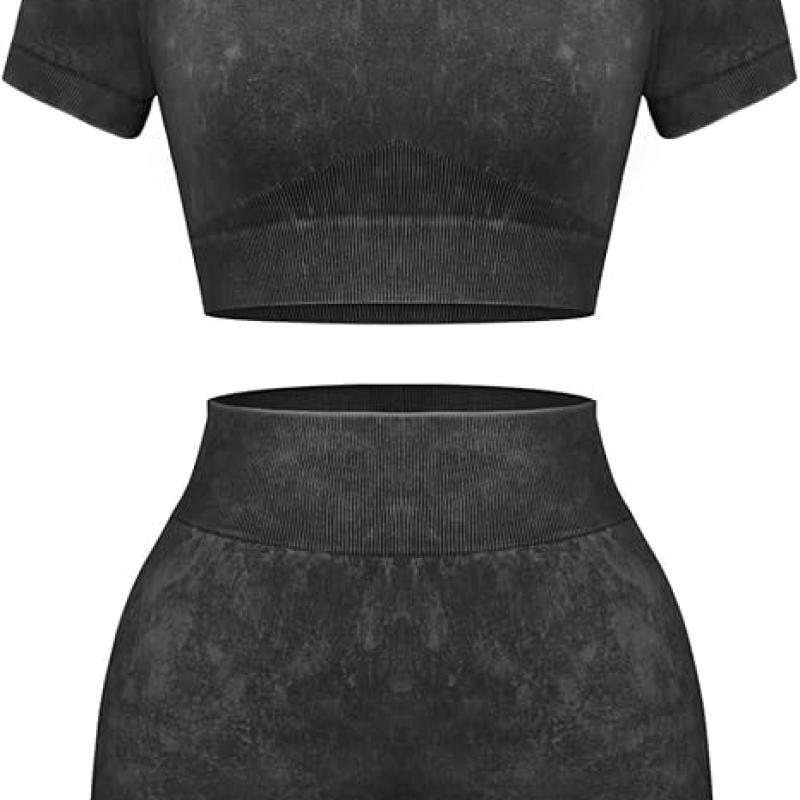 Womens Workout Sets 2 Piece - Seamless Acid Wash Yoga Outfits Shorts and Crop Top Matching Gym Athletic Clothing Set