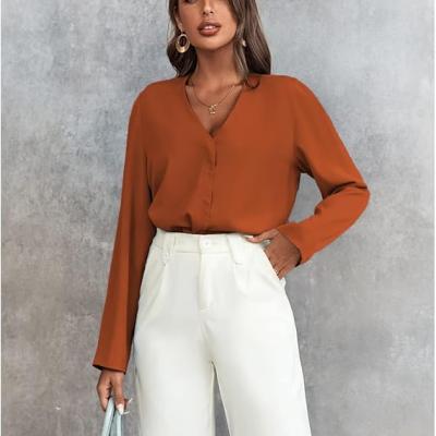 Women's Long Sleeve Shirts V Neck Business Casual Plain Work Blouses Tops