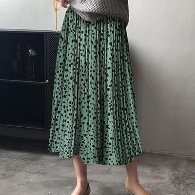 Womens Skirt Leopard Print Midi Long Shirring Pleated Skirts High Waisted A Line Skirts
