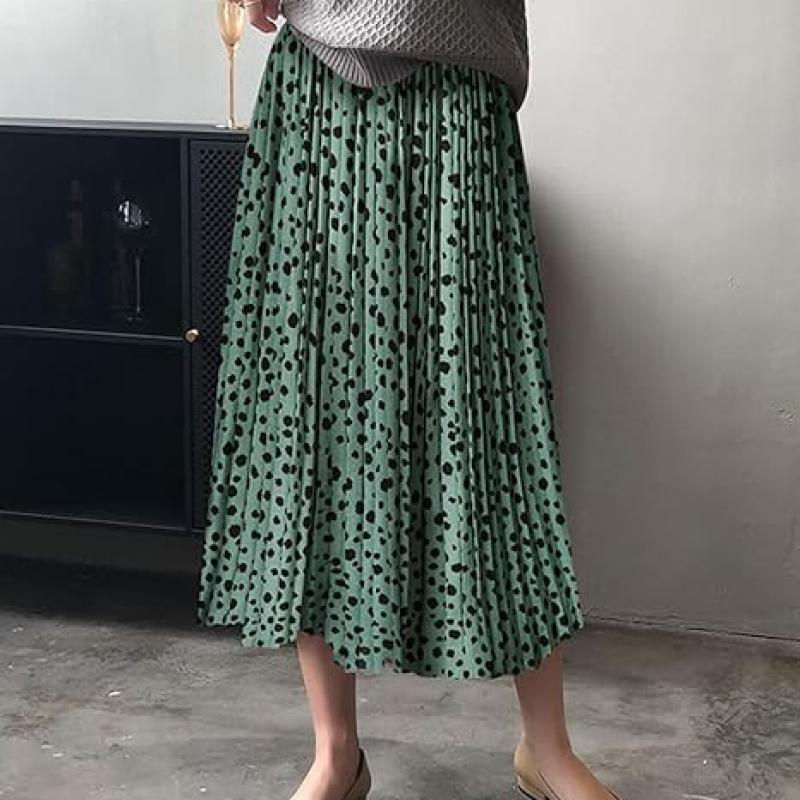 Womens Skirt Leopard Print Midi Long Shirring Pleated Skirts High Waisted A Line Skirts