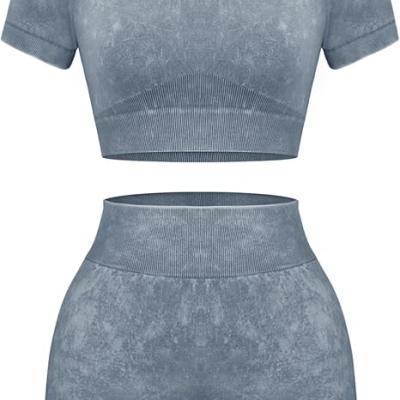 Womens Workout Sets 2 Piece - Seamless Acid Wash Yoga Outfits Shorts and Crop Top Matching Gym Athletic Clothing Set