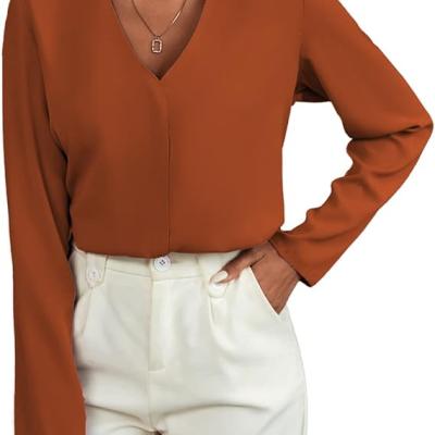 Women's Long Sleeve Shirts V Neck Business Casual Plain Work Blouses Tops