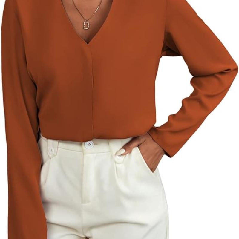 Women's Long Sleeve Shirts V Neck Business Casual Plain Work Blouses Tops
