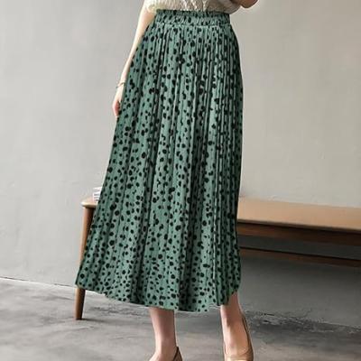 Womens Skirt Leopard Print Midi Long Shirring Pleated Skirts High Waisted A Line Skirts