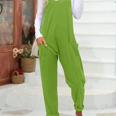 Womens Casual Sleeveless Jumpsuits Spaghetti Strap Loose Romper Long Pants with Pockets