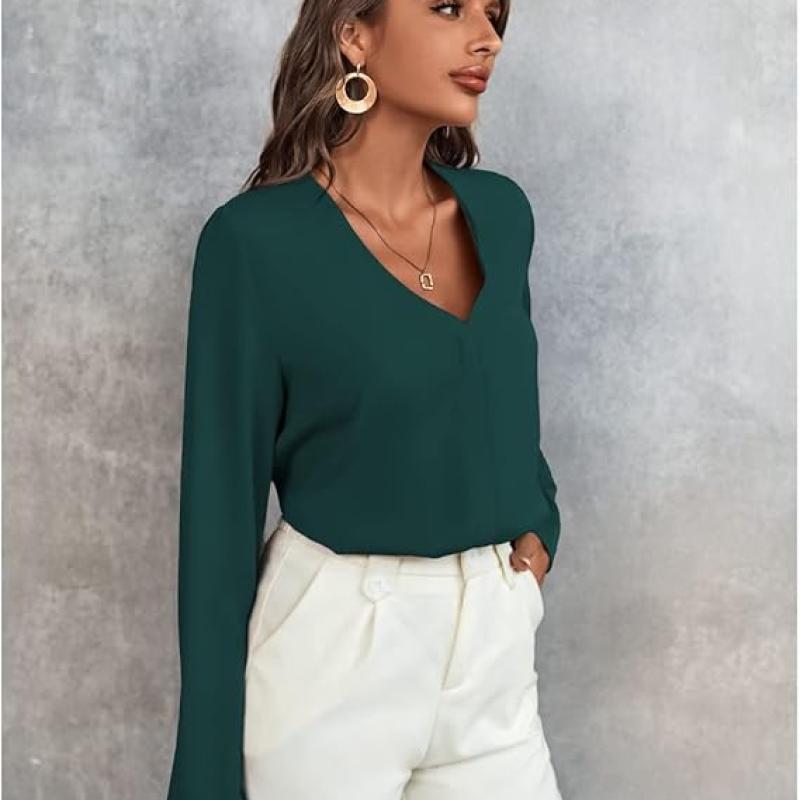 Women's Long Sleeve Shirts V Neck Business Casual Plain Work Blouses Tops
