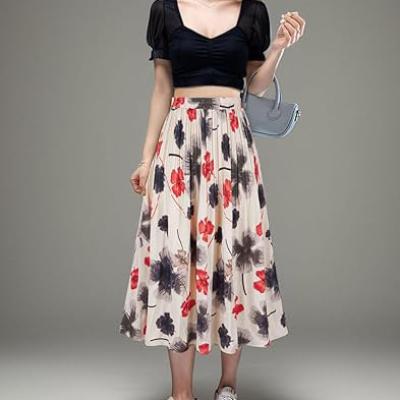 Womens Skirt Leopard Print Midi Long Shirring Pleated Skirts High Waisted A Line Skirts