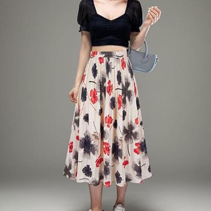 Womens Skirt Leopard Print Midi Long Shirring Pleated Skirts High Waisted A Line Skirts