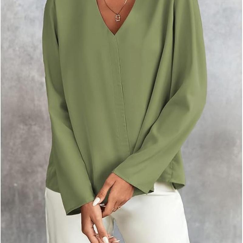 Women's Long Sleeve Shirts V Neck Business Casual Plain Work Blouses Tops