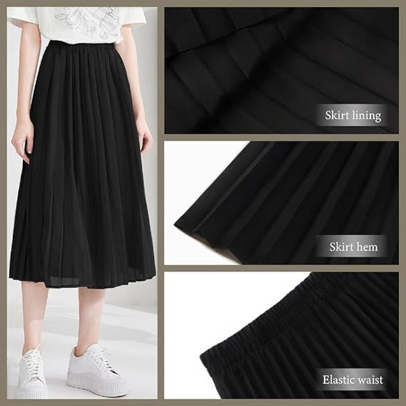 Womens Skirt Leopard Print Midi Long Shirring Pleated Skirts High Waisted A Line Skirts