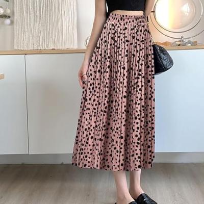 Womens Skirt Leopard Print Midi Long Shirring Pleated Skirts High Waisted A Line Skirts