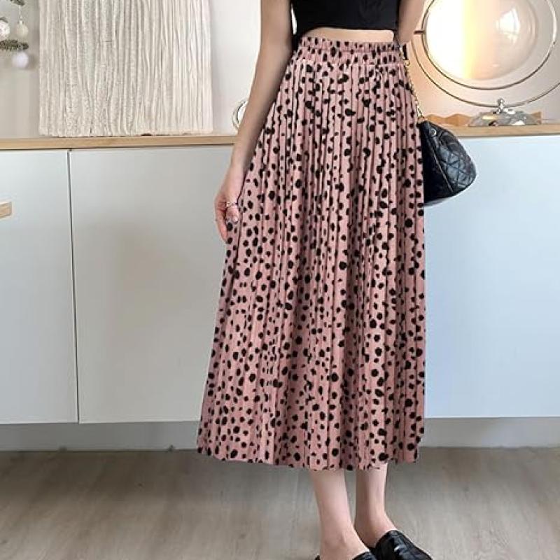 Womens Skirt Leopard Print Midi Long Shirring Pleated Skirts High Waisted A Line Skirts