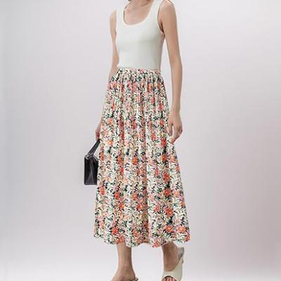 Womens Skirt Leopard Print Midi Long Shirring Pleated Skirts High Waisted A Line Skirts