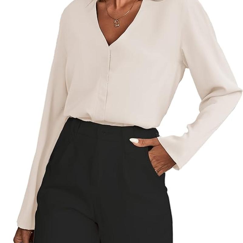 Women's Long Sleeve Shirts V Neck Business Casual Plain Work Blouses Tops