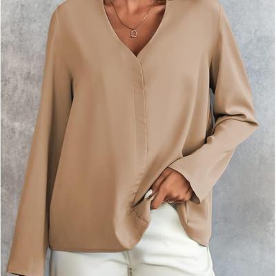 Women's Long Sleeve Shirts V Neck Business Casual Plain Work Blouses Tops