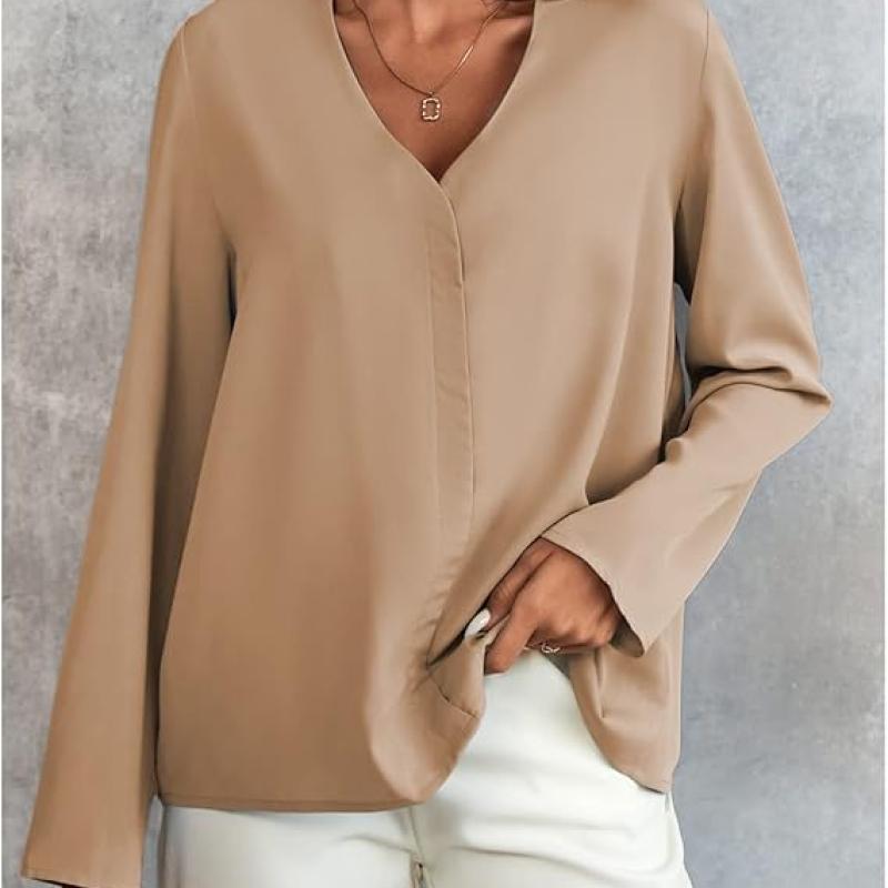 Women's Long Sleeve Shirts V Neck Business Casual Plain Work Blouses Tops