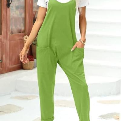 Womens Casual Sleeveless Jumpsuits Spaghetti Strap Loose Romper Long Pants with Pockets