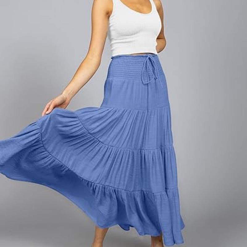 Women's Summer Flowy Boho Maxi Skirt Trendy Drawstring Elastic High Waist Pleated Tiered A Line Beach Long Skirts