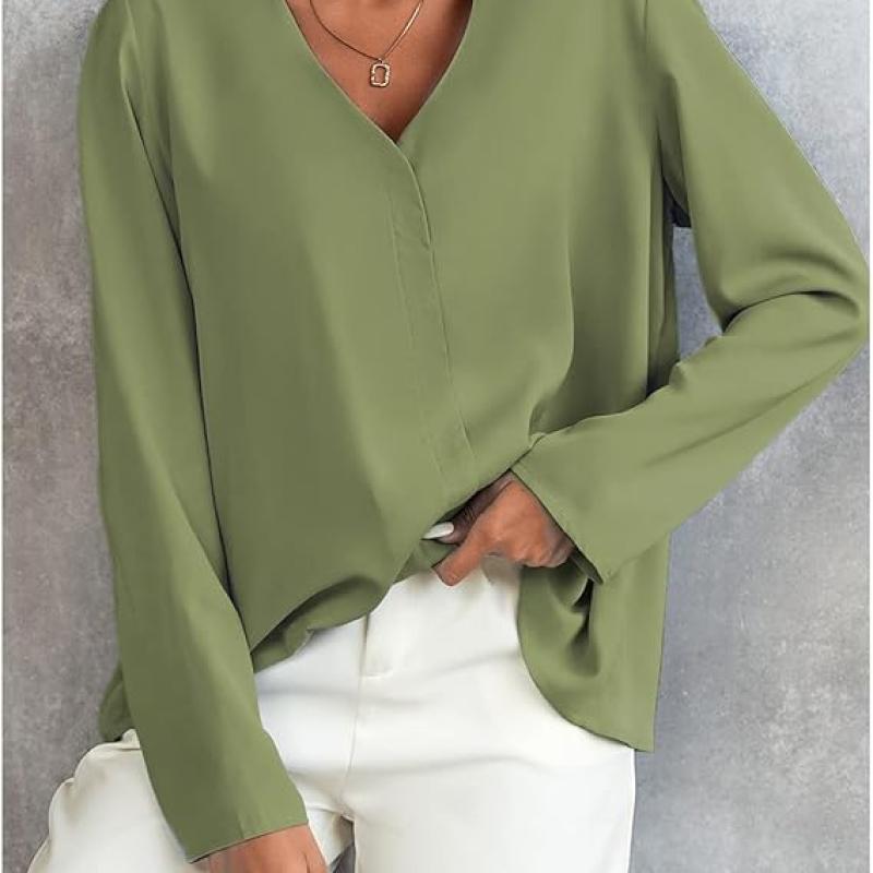 Women's Long Sleeve Shirts V Neck Business Casual Plain Work Blouses Tops