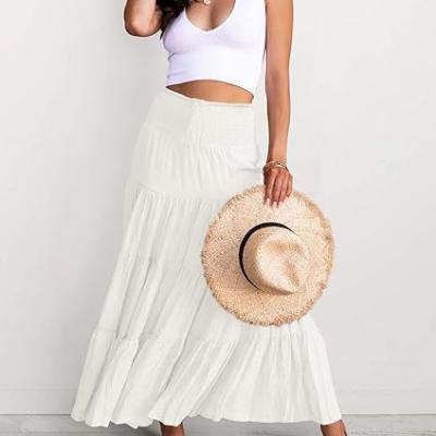 Women's Summer Flowy Boho Maxi Skirt Trendy Drawstring Elastic High Waist Pleated Tiered A Line Beach Long Skirts