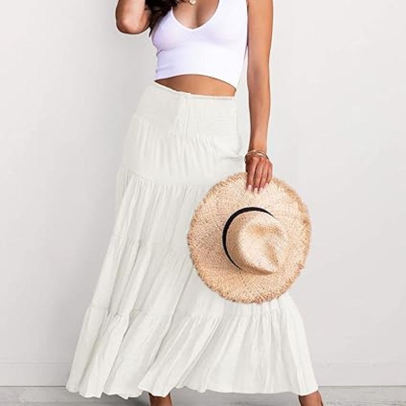 Women's Summer Flowy Boho Maxi Skirt Trendy Drawstring Elastic High Waist Pleated Tiered A Line Beach Long Skirts