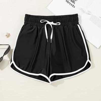 High Waisted Swim Shorts for Women with Pockets Drawstring Color Block Quick Dry Swim Shorts with Liner