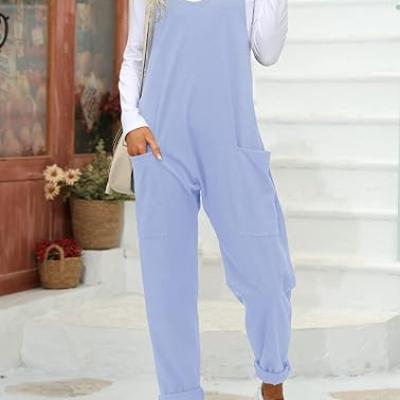 Womens Casual Sleeveless Jumpsuits Spaghetti Strap Loose Romper Long Pants with Pockets