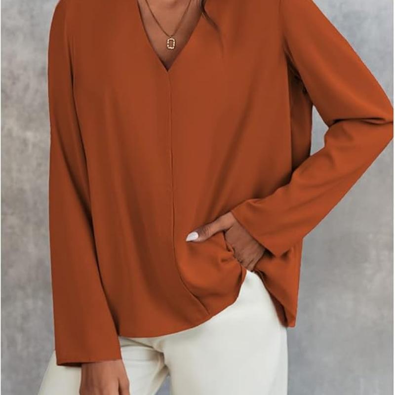 Women's Long Sleeve Shirts V Neck Business Casual Plain Work Blouses Tops