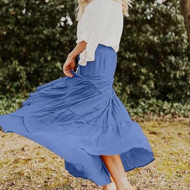 Women's Summer Flowy Boho Maxi Skirt Trendy Drawstring Elastic High Waist Pleated Tiered A Line Beach Long Skirts