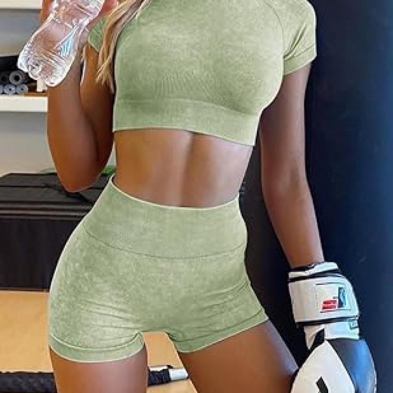 Womens Workout Sets 2 Piece - Seamless Acid Wash Yoga Outfits Shorts and Crop Top Matching Gym Athletic Clothing Set