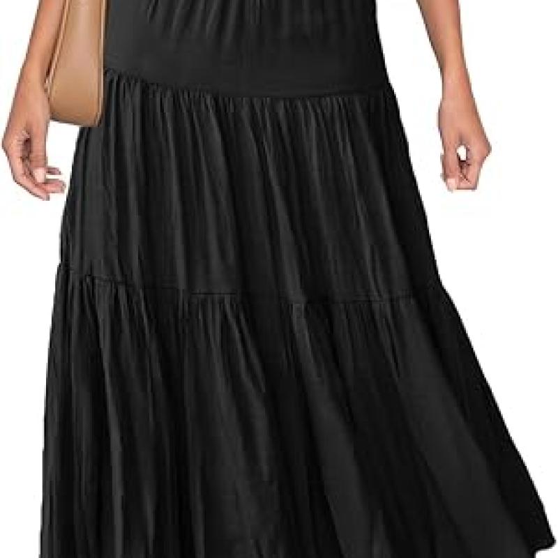 Women's Summer Flowy Boho Maxi Skirt Trendy Drawstring Elastic High Waist Pleated Tiered A Line Beach Long Skirts