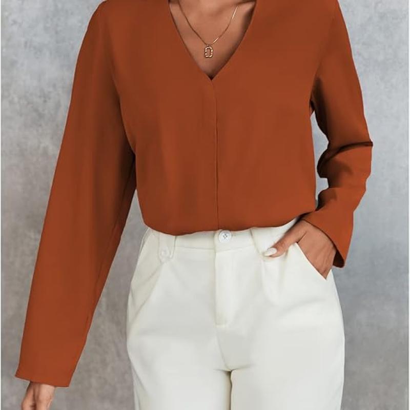 Women's Long Sleeve Shirts V Neck Business Casual Plain Work Blouses Tops