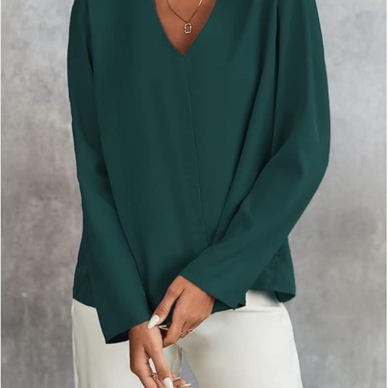 Women's Long Sleeve Shirts V Neck Business Casual Plain Work Blouses Tops