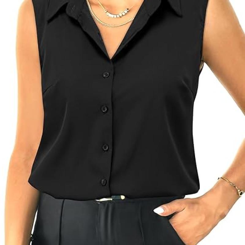 Womens Sleeveless Button Down Shirt Tops V Neck Business Casual Collared Blouses Tank Top
