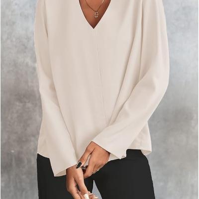 Women's Long Sleeve Shirts V Neck Business Casual Plain Work Blouses Tops