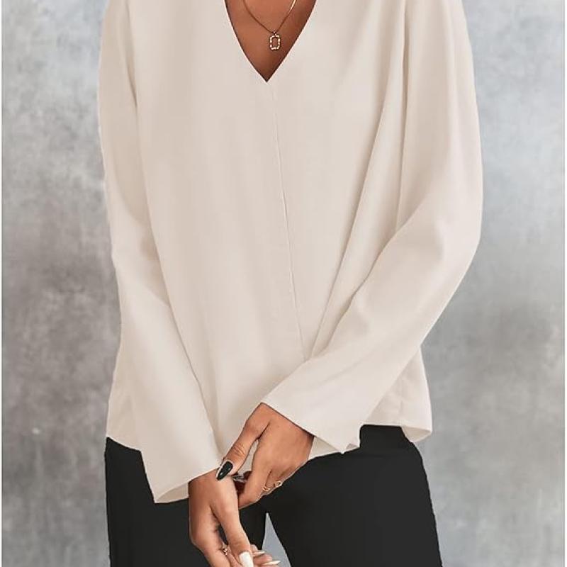 Women's Long Sleeve Shirts V Neck Business Casual Plain Work Blouses Tops