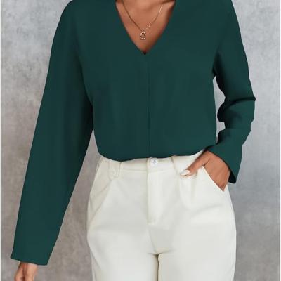 Women's Long Sleeve Shirts V Neck Business Casual Plain Work Blouses Tops