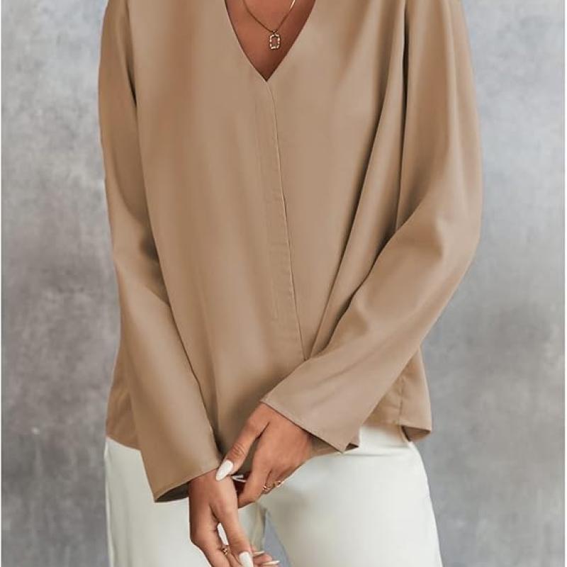 Women's Long Sleeve Shirts V Neck Business Casual Plain Work Blouses Tops