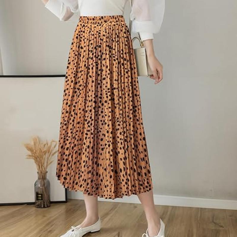 Womens Skirt Leopard Print Midi Long Shirring Pleated Skirts High Waisted A Line Skirts