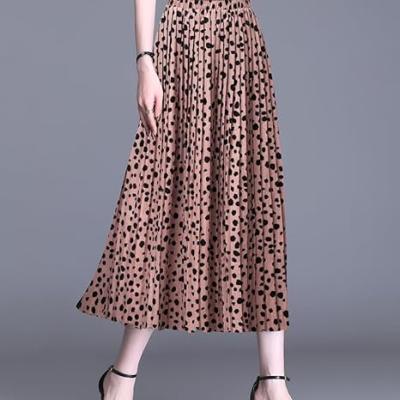 Womens Skirt Leopard Print Midi Long Shirring Pleated Skirts High Waisted A Line Skirts