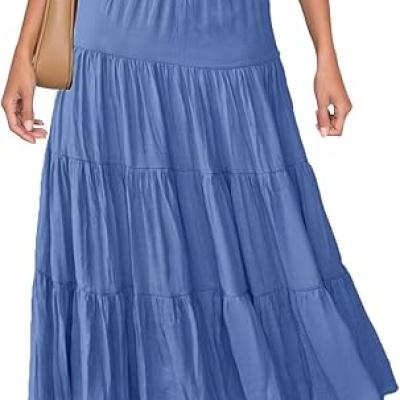 Women's Summer Flowy Boho Maxi Skirt Trendy Drawstring Elastic High Waist Pleated Tiered A Line Beach Long Skirts