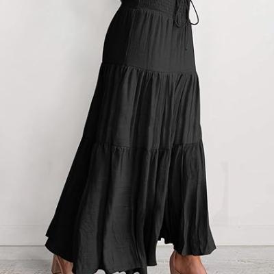 Women's Summer Flowy Boho Maxi Skirt Trendy Drawstring Elastic High Waist Pleated Tiered A Line Beach Long Skirts