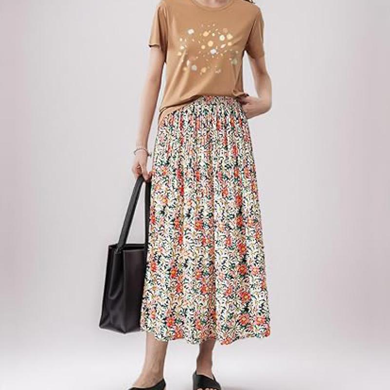 Womens Skirt Leopard Print Midi Long Shirring Pleated Skirts High Waisted A Line Skirts