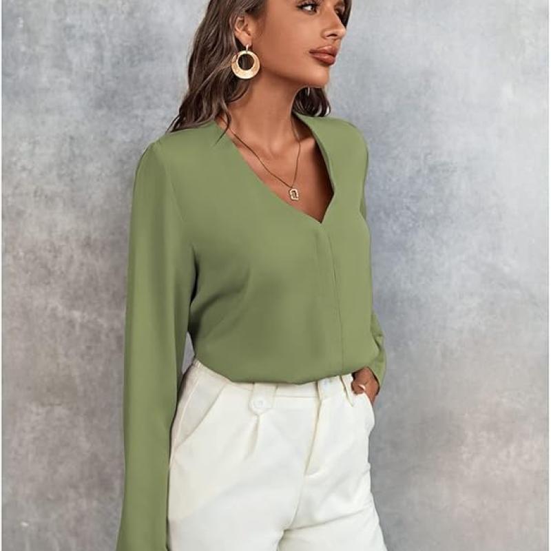 Women's Long Sleeve Shirts V Neck Business Casual Plain Work Blouses Tops