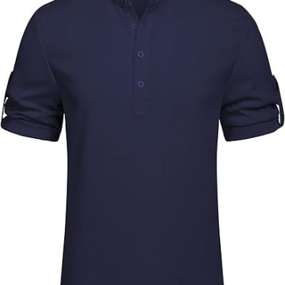 Men's Casual Henley Shirt Short Sleeve Band Collar Linen Shirt Summer Beach Hippie T-Shirts